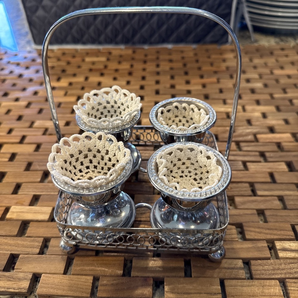 Vintage Tray with egg cruet 4 cups Crochet Liners Set Of 4 Cups Stainless Tray
